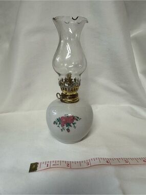 Porcelain Floral Mini Oil Lamp with Clear Glass Chimney - White with Pink Rose